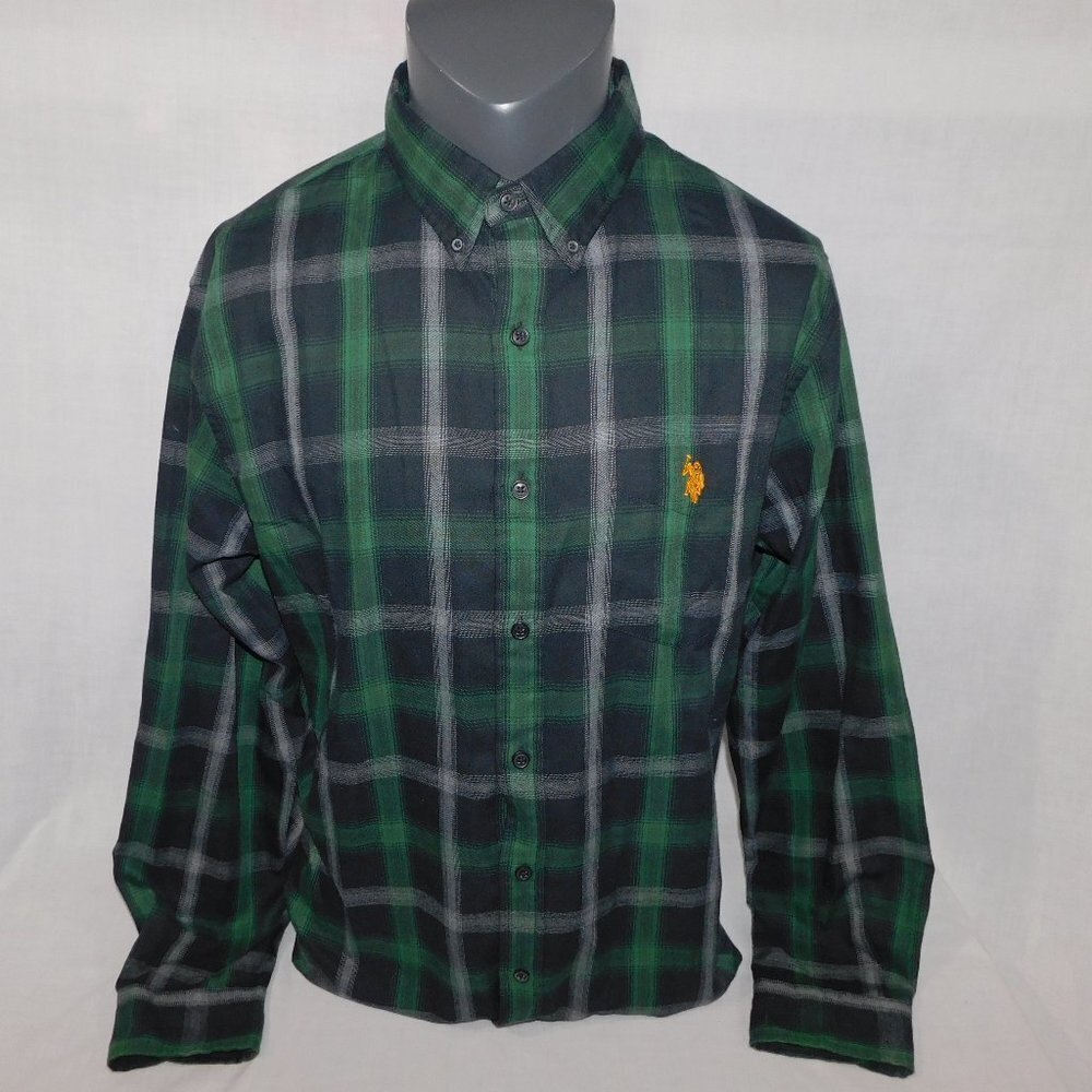 US Polo Assn Long Sleeve Button Front Green Black Plaid Shirt Mens L Yellow pony